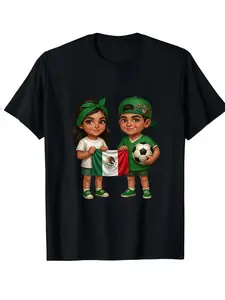 Summer Mexican Flag Football Cartoon Print Short Sleeve T-Shirt, Unisex Casual Wear, Kids and Adults, Long Fitted Top, Trendy Ethnic Style