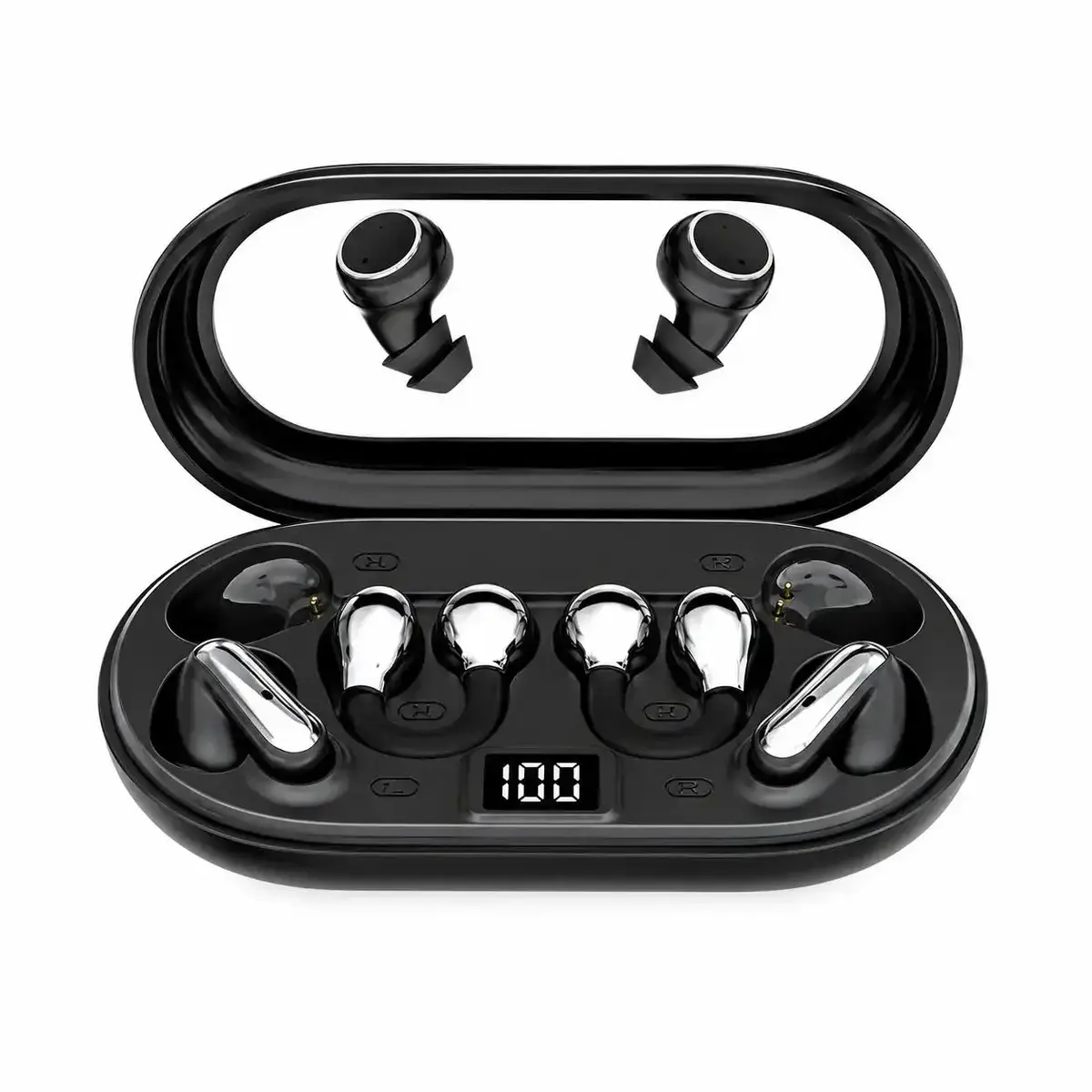 Bluetooth Wireless Earbuds with Chargeable Power Bank Case, 6 Earbuds, Clip-On Design, Noise Cancellation, Reverse Phone Charging, Audio for Sports & Sleep, Android & iOS Compatible
