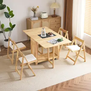 Folding Dining Table Extendable Drop Leaf Foldable Table 5 Piece with 4 Chairs 2 Drawers and Wheels for Kitchen Space Saving