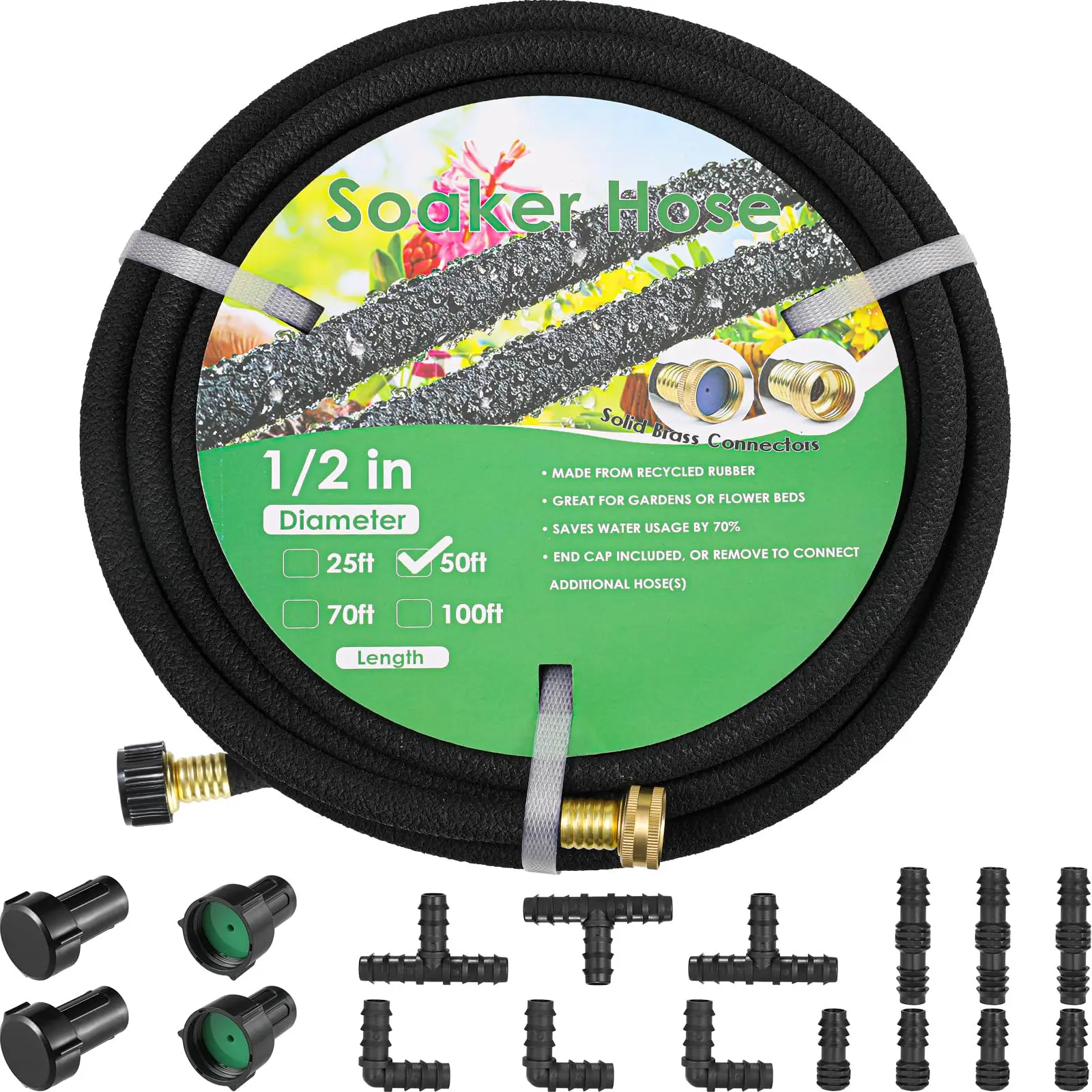 【backtoschool】LIFERUN Soaker Hose Kit 50/100/150 ft, 1/2 in Heavy-Duty Rubber Drip Hose with Solid Brass Connectors, Water-Saving Garden Irrigation System for Lawn, Flower Beds, Trees, Vegetable Gardens, Landscaping and Yard Watering