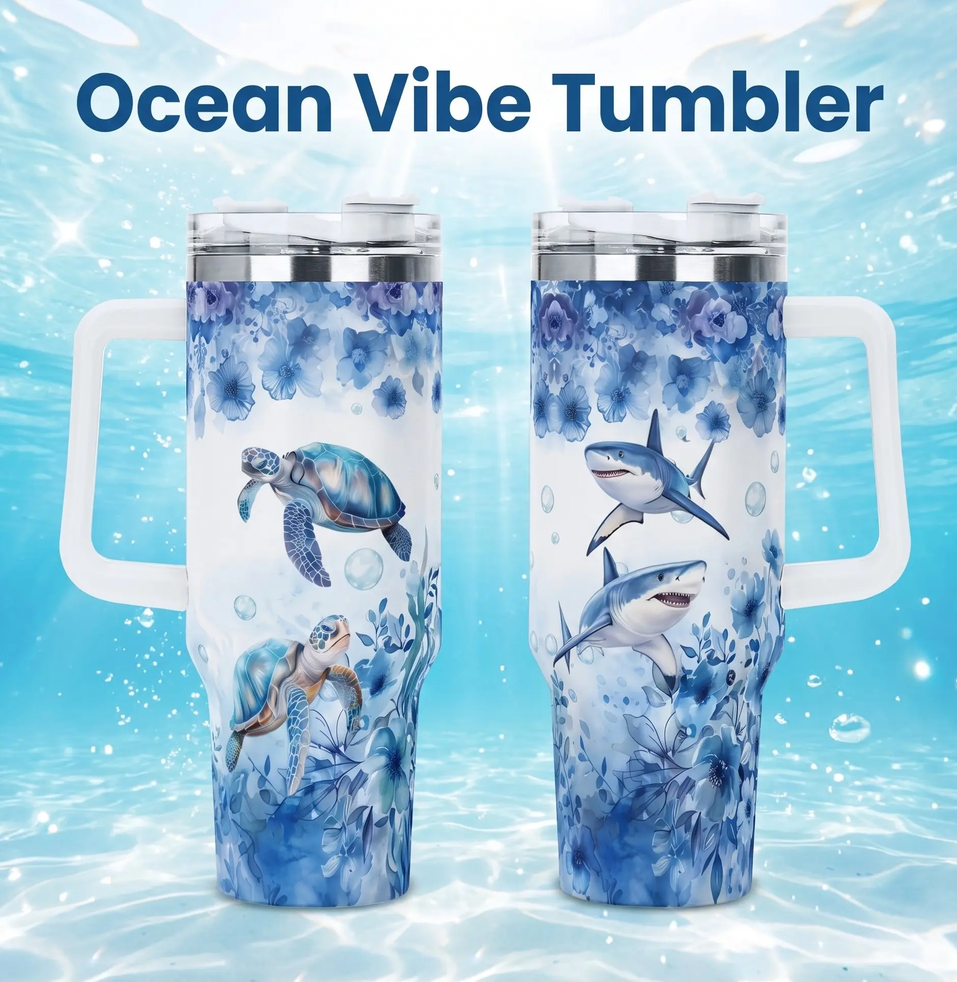 40oz Insulated Tumbler with Handle and Straw, Watercolor Blue Ocean Sea Animal Print Stainless Steel Vacuum Travel Mug, Large Capacity Car Coffee Cup for Hot & Cold Drinks, Summer Birthday Christmas Gift for Ocean Beach Lovers，Outdoor Travel