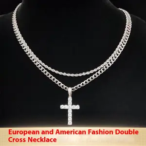 Double Layer Cross Necklace Cuban Link Chain Hip Hop Style Clavicle Necklace High Sense Long Twin Ornament stainless steel chain