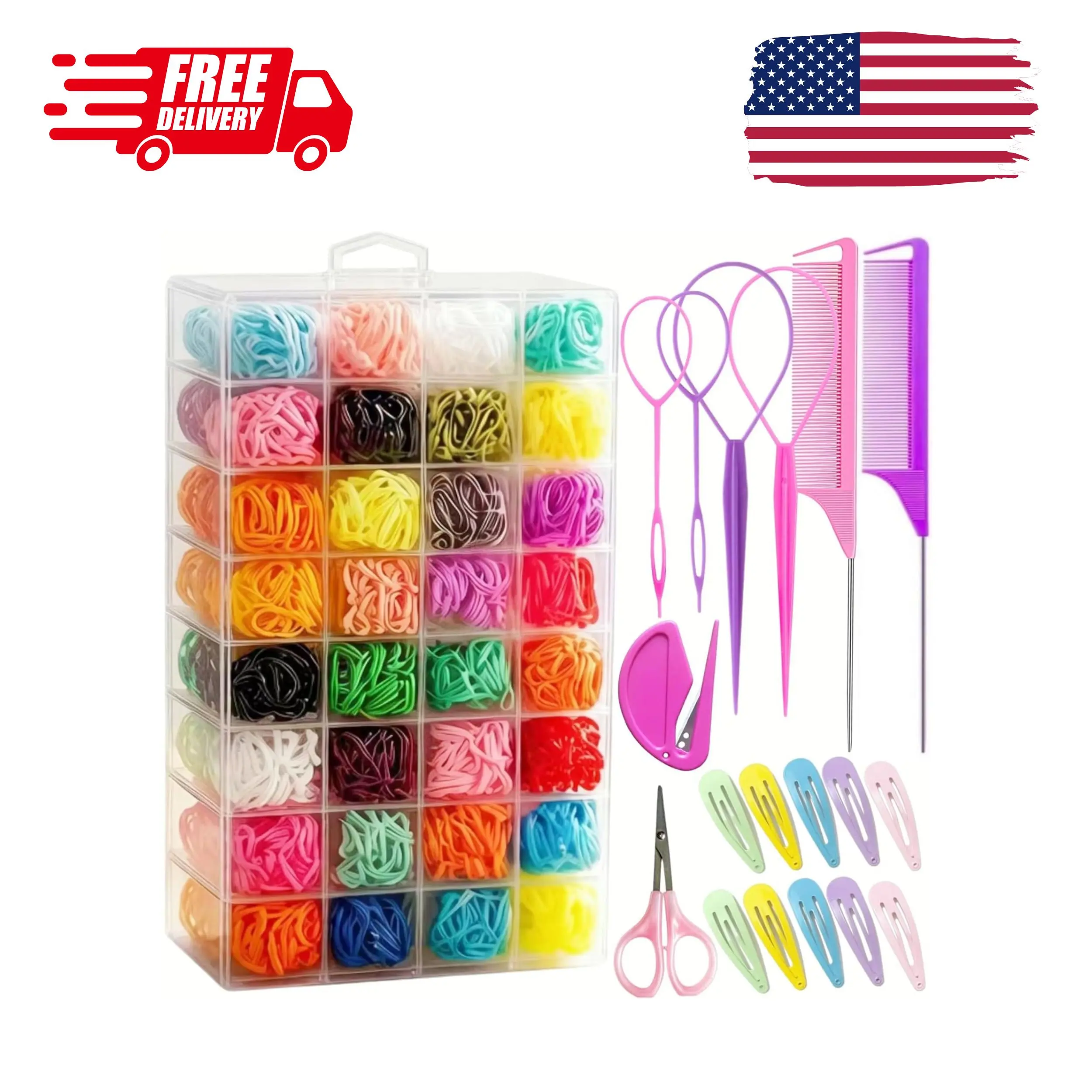 Small Hair Rubber Bands, 2000 Pcs in 32 Colors with 18 Styling Tools