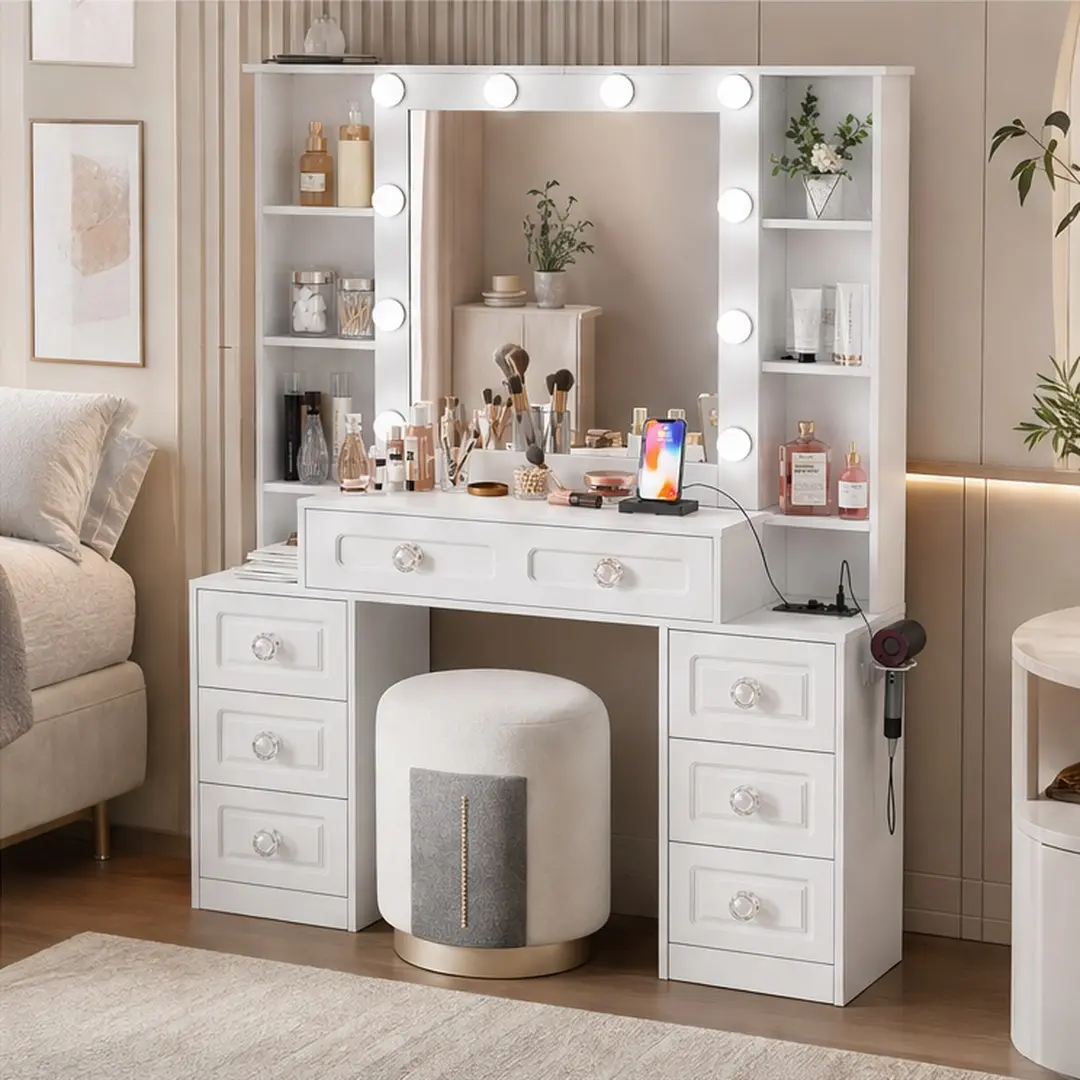 White MDF Makeup Vanity Desk with Lighted Mirror, Charging Station, 7 Drawers, Open Shelves, Hair Dryer Holder, Dressing Table for Bedroom, Women, Girls, 15.75W x 44.09D x 57.09H Inches, White Color Options, MDF Material, Color: White