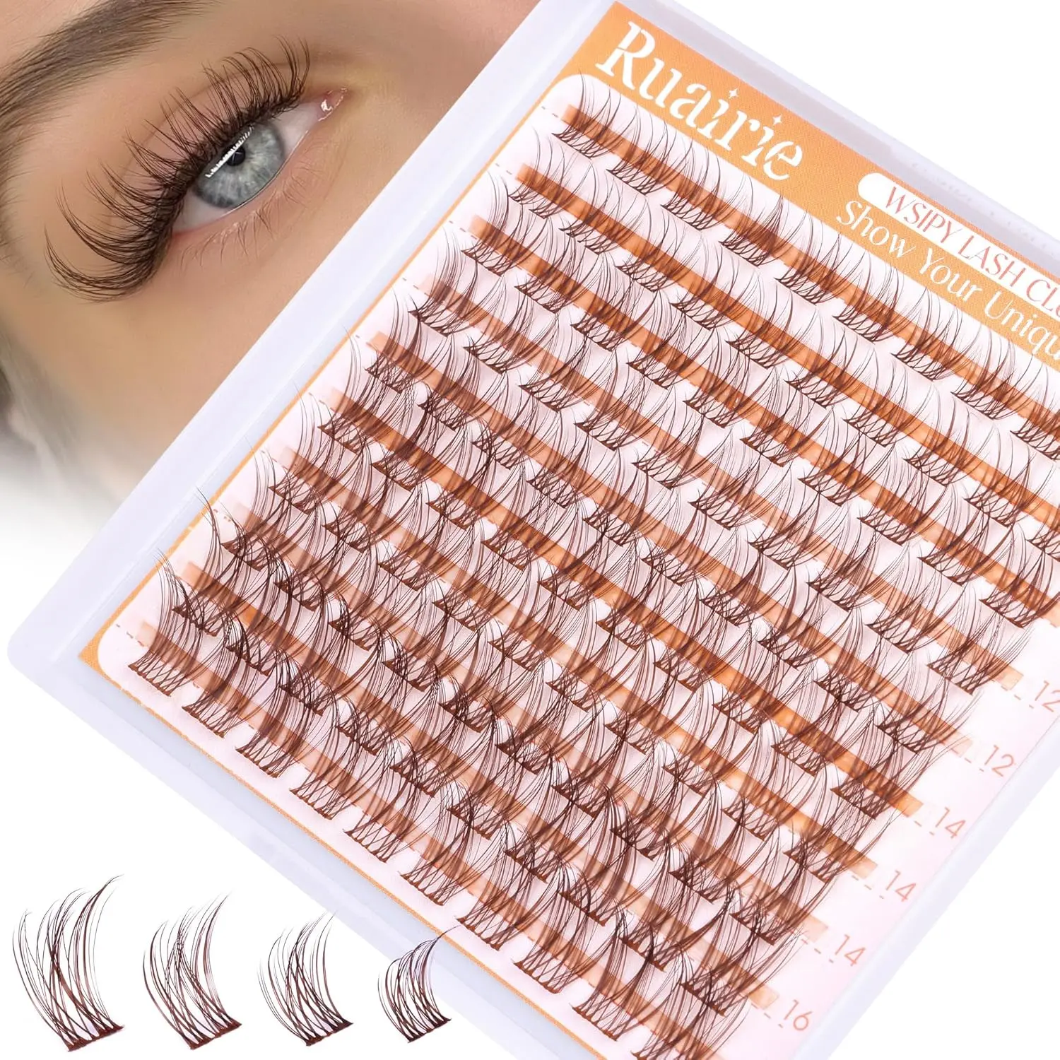 BROWN DIY Eyelashes Transparent Band, Natural Dense Cluster Lashes 10-16mm D Curl, Beginner Friendly, 100 Pieces, Cat Eye Style, Eyelash Extension, Individual Lash Clusters, DIY Eyelash Extensions, Volume Lashes