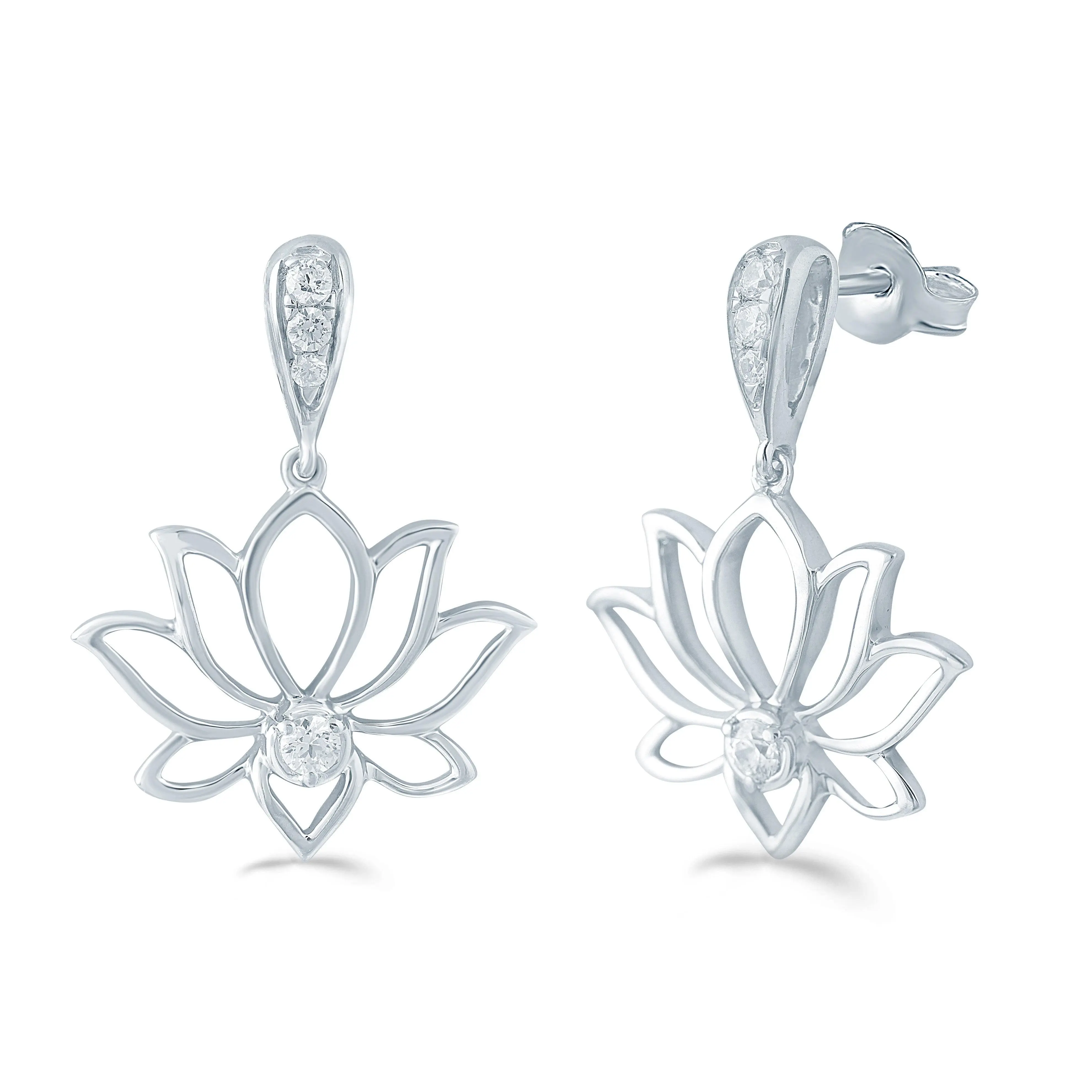 1/5ct tw Diamond Lotus Dangling Fashion Earring in Sterling Silver