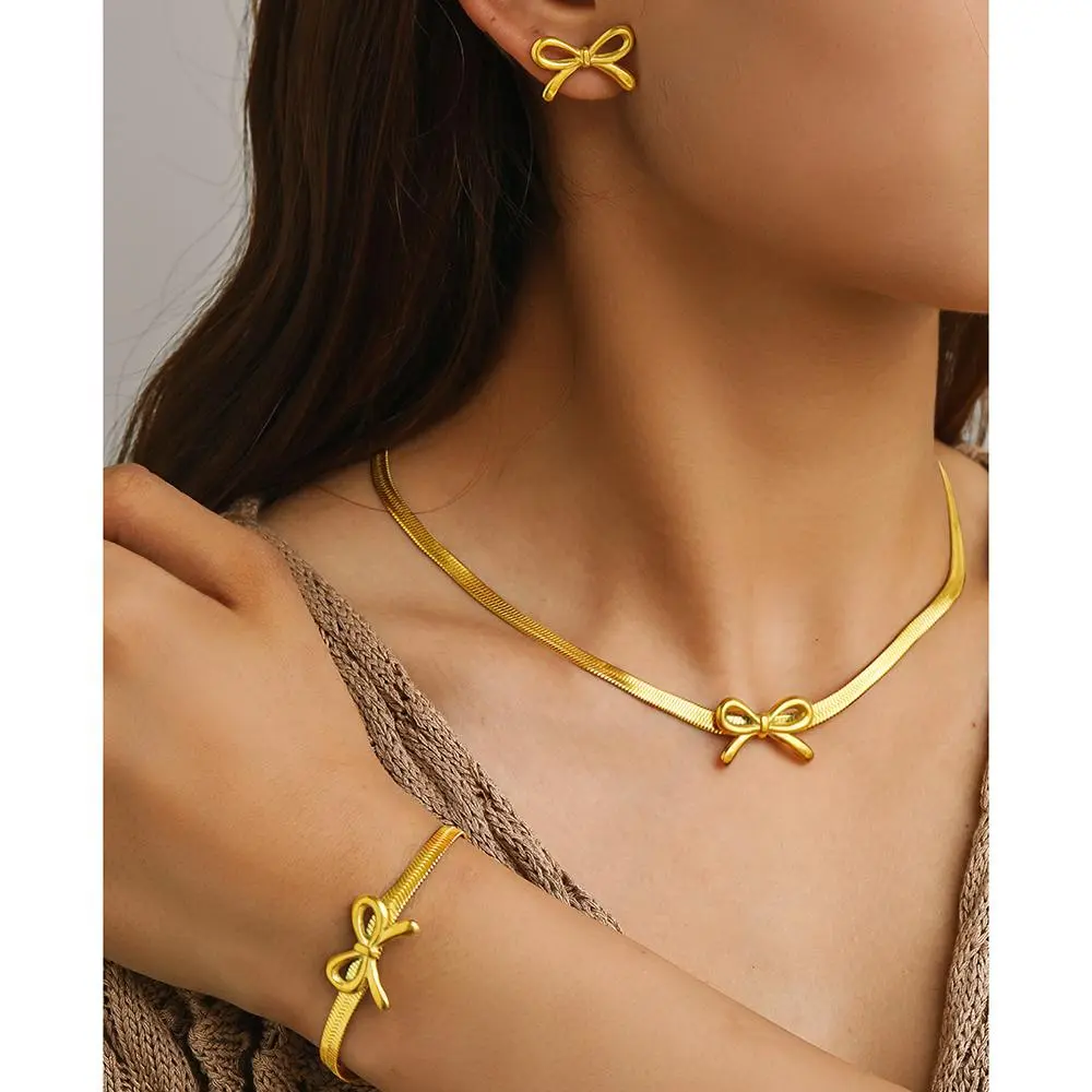 woiwoi Stainless Steel Jewelry Set Blade Chain Bow Design Bracelet Necklace Earrings 3 Piece Jewelry Set For Women Jewelry Gifts