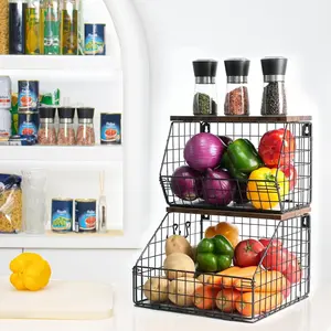 Fruit and Vegetable storage, 2 Hangable Set Wire Baskets, Stackable  Black Wire Baskets, Counter&Wall Mounted Onion and Potato Storage, Stackable Storage Basket, Hanging Metal Wire Baskets Kitchen Countertop Organizer Pantry, Dealsforyoudays