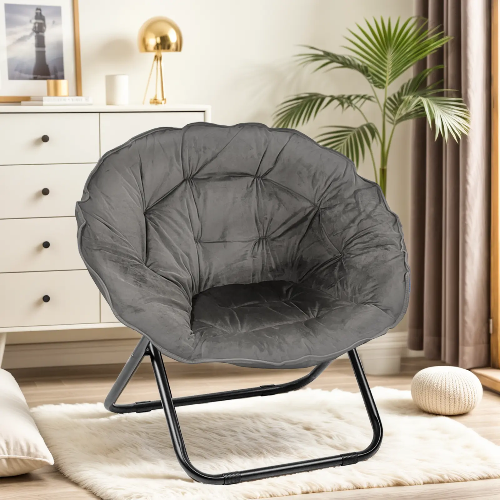 Gaptainer Folding Chair,Saucer Chair with Metal Frame,Comfy Moon Chairs for Bedroom,Living Rooms,Apartments,Camping,Lounging,Garden and Courtyard homeessentials