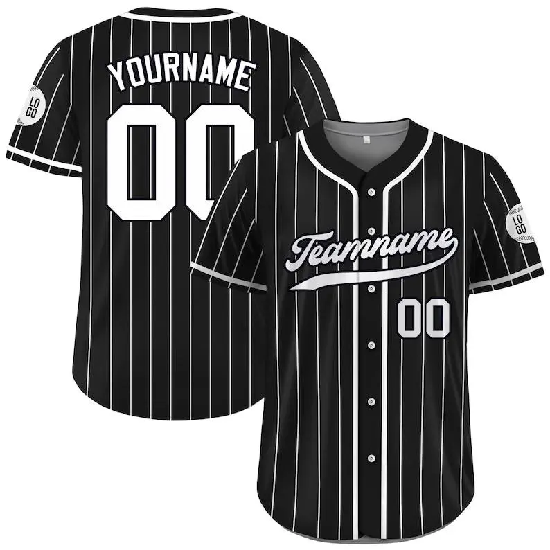 [Customize] Black White Pinstripe Baseball Jersey - Personalized Name & Number Button-Down Shirt for Men Women Youth
