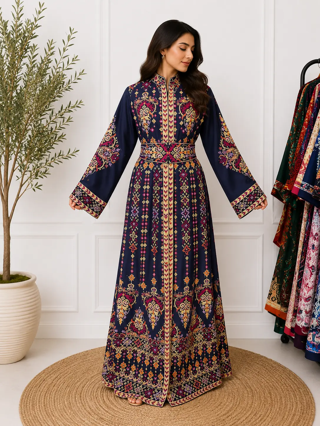 Women's 3-Piece Modest Islamic Chiffon Kaftan Set - Elegant Long-Sleeve Dress with Embroidery, Stone Accents, All-Season Wear, Dry Clean Recommended