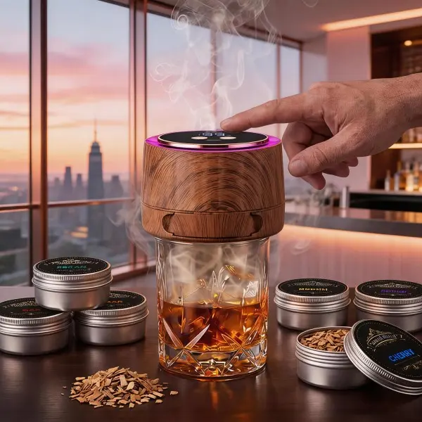 VIXIA Rechargeable Electric Whiskey Smoker Kit - USB-C Powered Kitchen Bar Utensil with 6× Wood Chips, Adjustable Density, Wood Smoke for Whiskey to Cheese, Multiple Uses, No Experience Needed