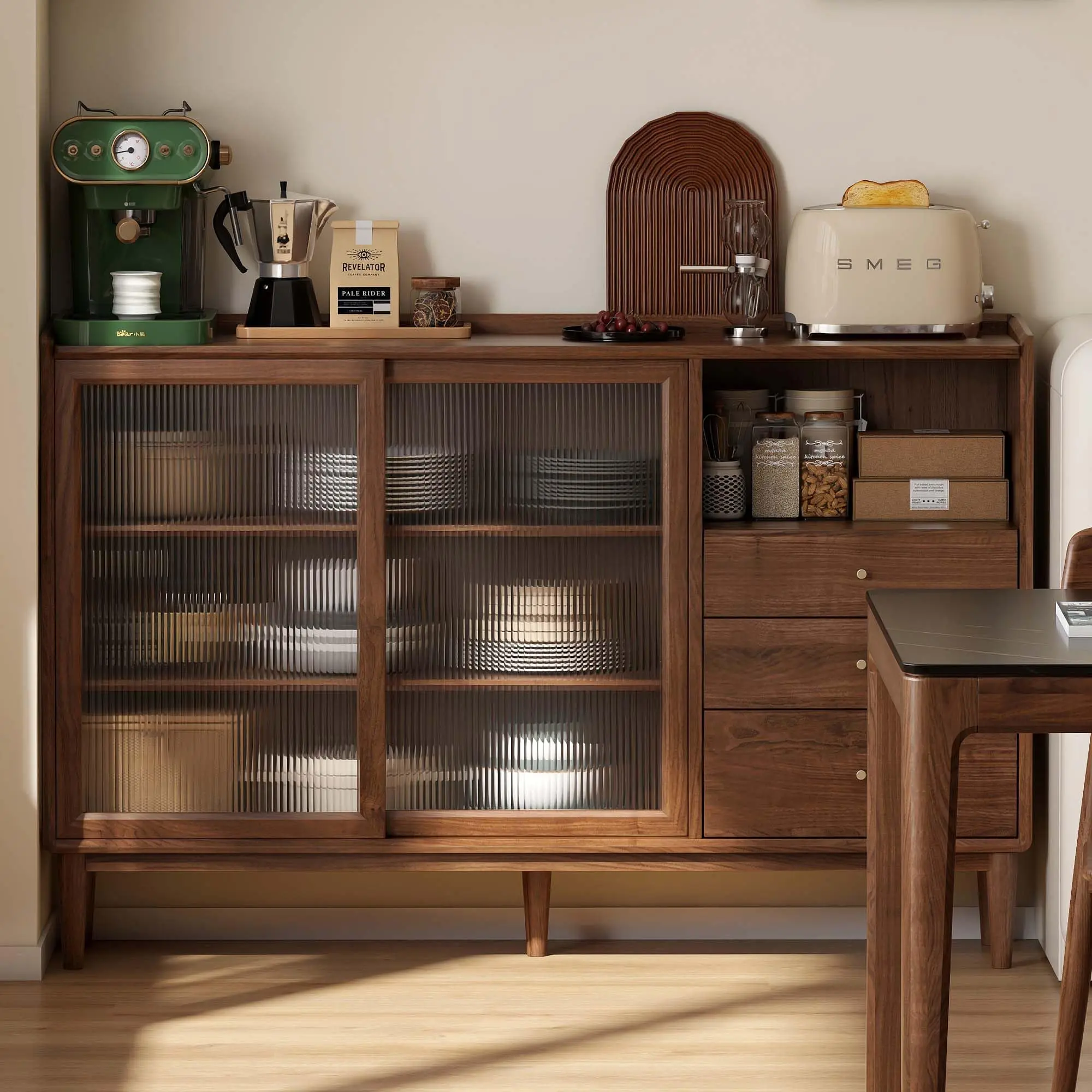 YESWOOD 47'' Rubberwood Narrow Buffet Cabinet with Storage, 100% Solid Wood Sideboard Cabinet with Sliding Glass Doors & 3 Drawers, Coffee Bar Wine Cabinet for Dining Room Kitchen Living Room