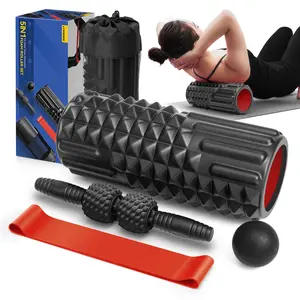 5 in 1 Foam Roller Set - High Density Back Roller Foam Roller, Muscle Roller Stick, Massage Ball, Stretching Strap for Whole Body Physical Therapy & Deep Tissue Muscle Massage (Black)