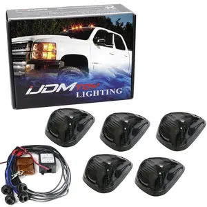 iJDMTOY 5pc Set Amber LED Illuminated Smoked Lens Cab Roof Clearance Lights w/Strobe Flash Blink Feature, For Ford F250 F350, Dodge/RAM, Chevy/GMC Trucks