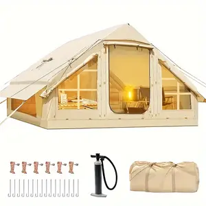 Inflatable Camping Tent with Pump, 4-6 Person Extra Large Inflatable House Tent, Camping Tent with Mesh Window and Chimney Window Sunshade, Beige