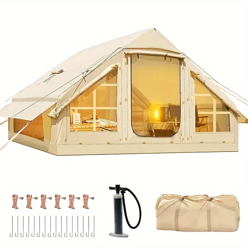 Inflatable Camping Tent with Pump, 4-6 Person Extra Large Inflatable House Tent, Camping Tent with Mesh Window and Chimney Window Sunshade, Beige