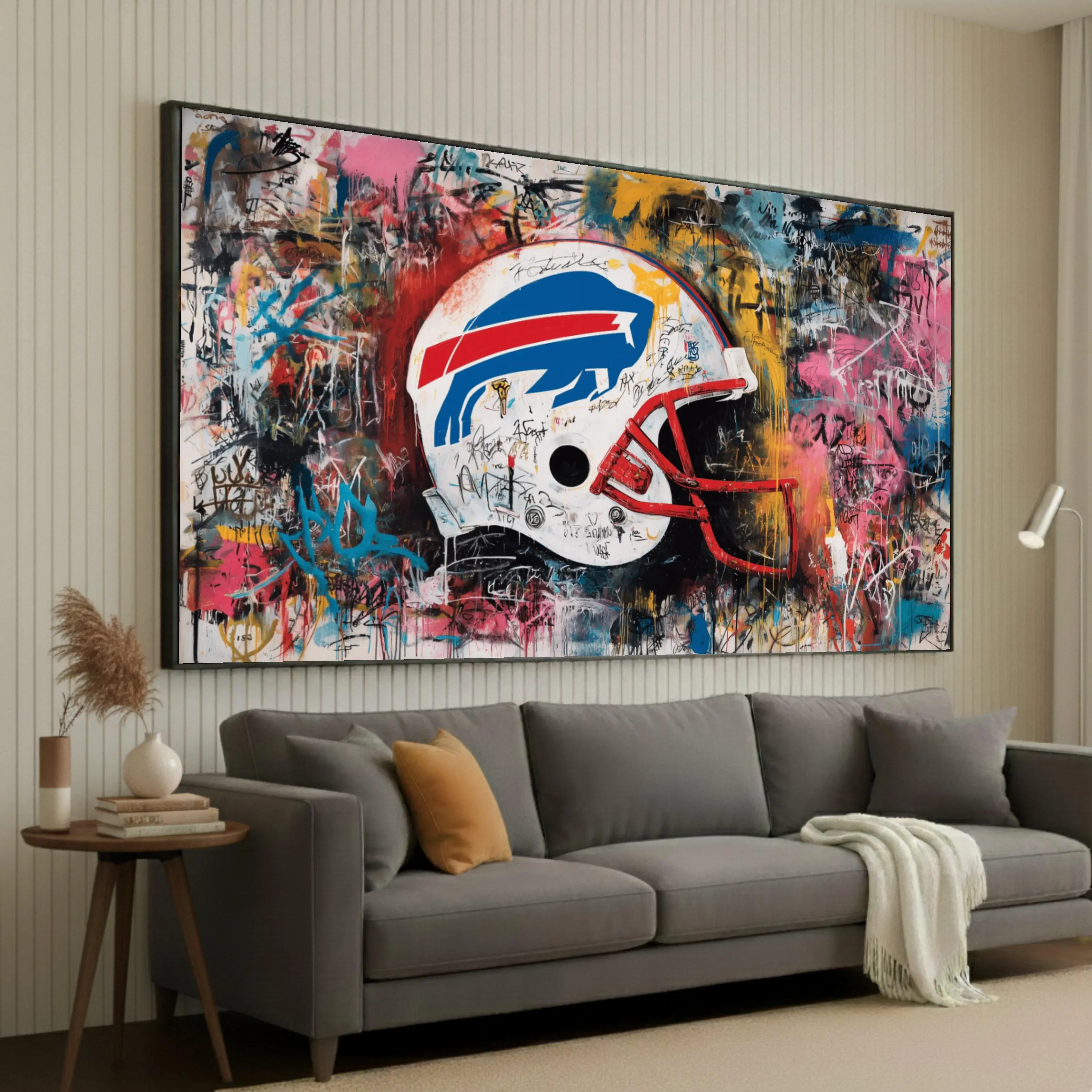 Buffalo Bills Football Helmet, Urban Graffiti Wall Art, Sports Fan Decor, Modern Art, Vibrant Team Spirit Decoration