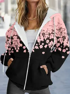 Women's Floral Print Zip Hoodie with Drawstring Hood, Floral Design, Fitted Casual Wear for All Seasons
