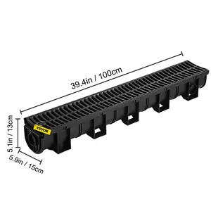 VEVOR Trench Drain System,  Channel Drain with Plastic Grate, 5.9x5.1-Inch HDPE Drainage Trench, Black Plastic Garage Floor Drain, 6x39 Trench Drain Grate, with 6 End Caps, for Garden, Driveway-6 Pack