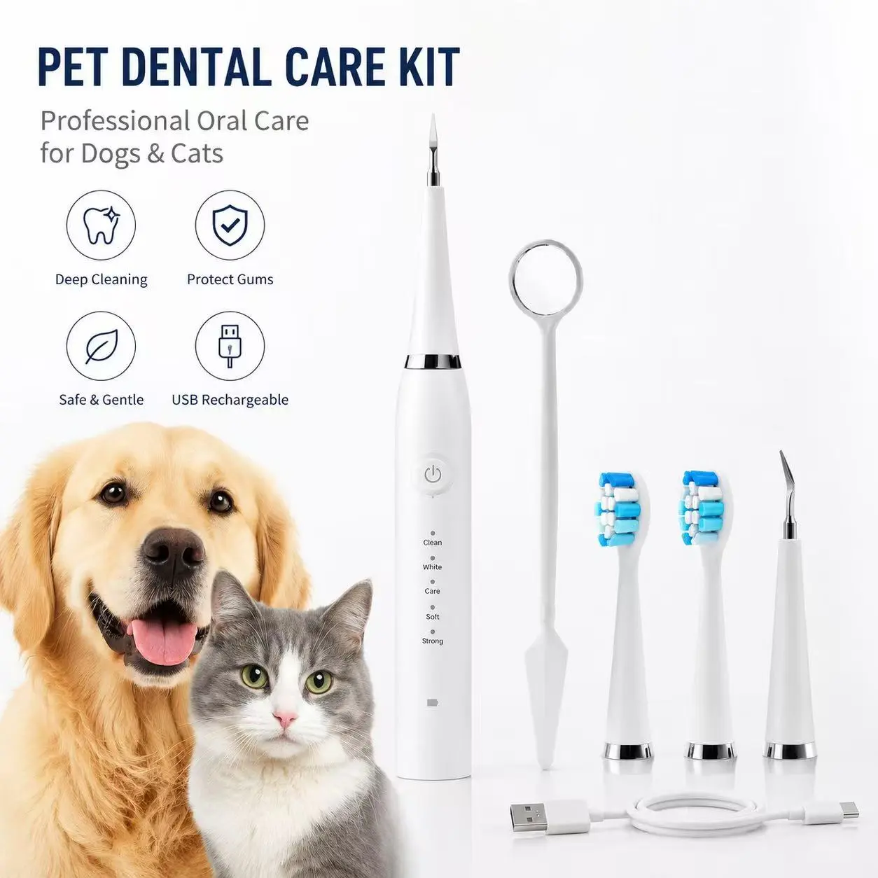 5-in-1 Pet Dental Care Kit for Dogs & Cats, USB Rechargeable Electric Oral Care Tool with 5 Cleaning Modes, Dental Mirror, Brush Heads & Cleaning Tips, At-Home Pet Teeth Cleaning Set, Black & White Color Options