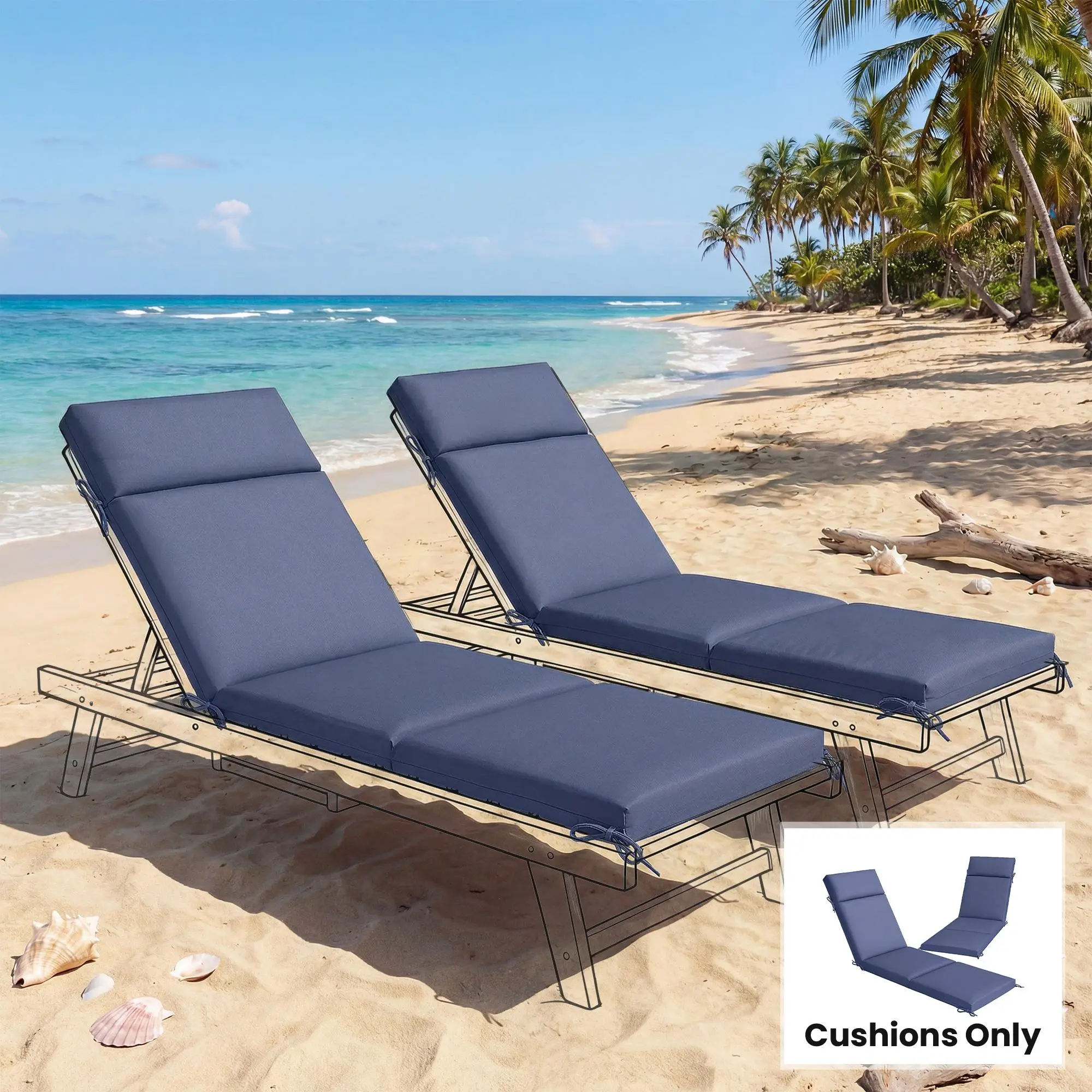 Outdoor Chaise Lounge Cushions Set of 2 – Navy Blue. 2.6" Thick High-Density Foam,6 Ties Per Cushion – Non-Slip,Water-Repellent & UV30+ Protection