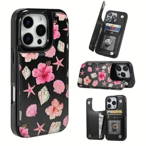 Creative Pink Flower and Shell Patchwork Element Pattern Leather Card Holder Phone Case,for iPhone 17 Pro Max Phone Case 17 Air 16 15 Plus 14 13 12 , Samsung Galaxy S25 ULTRA FE Plus S22 S23 FE S24 Plus