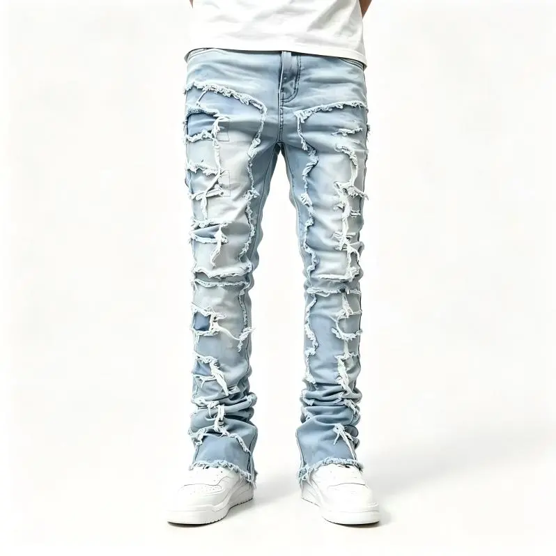 Men's American High-Street Cotton Denim Jeans - Classic Slim-Fit Ripped Up Jeans with Layered Frayed Details, Hip-Hop Stacked Micro Flair Jeans, Slimming Streetwear Long Length Trousers, Light Blue, Stretch, Hem
