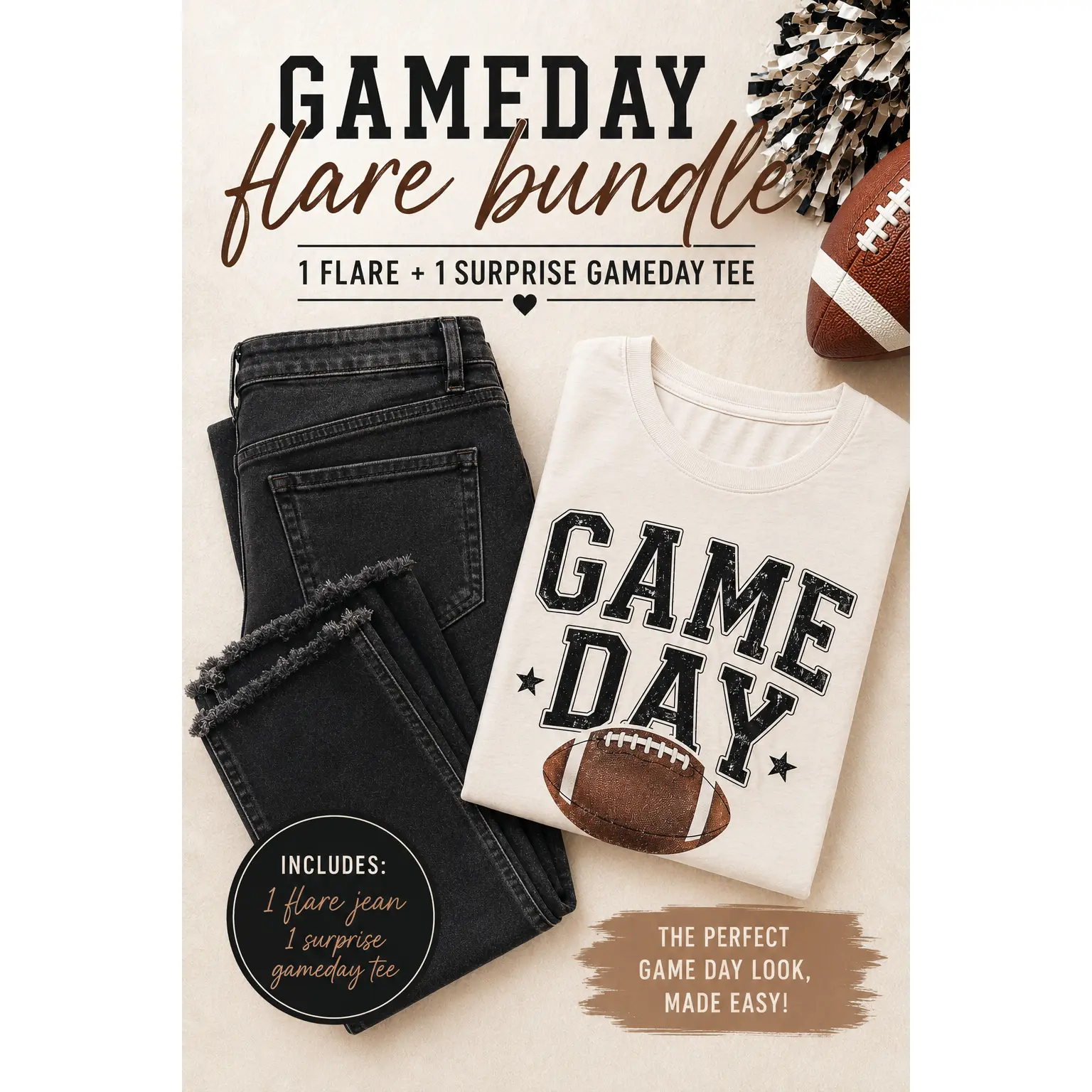Women's Game-Day Flare 2-Piece Bundle - 1 Graphic Fiona Flare Top, 1 Game-Day T-Shirt, Stylish Jeans-Friendly Clothes
