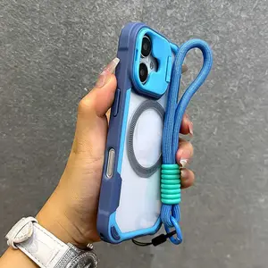 Lens holder with four corner shock-absorbing phone case and wrist strap color blocking transparent magnetic MagSafe, suitable for Apple iPhone 17 16 15 14 13 12 11Pro Max, supports wireless charging, all inclusive protective case, Cover