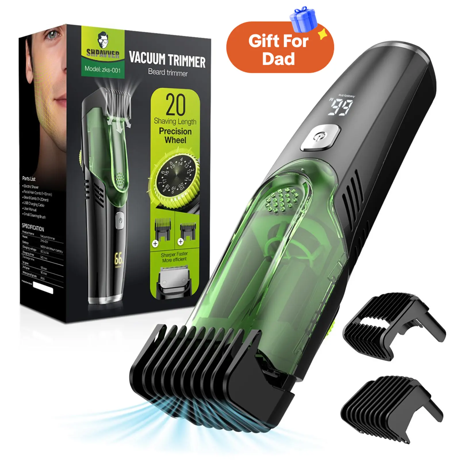 [FathersDayGift]SHPAVVER Vacuum Beard Trimmer Model 26x-001 Cordless Waterproof Shaver with 20 Precision Length Comb for Men FathersDay Gift Self Haircut System Adjustable Clipper, Haircut Trimmer Kit, Wireless Trimmer