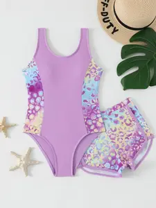 New Girls' One-Piece Swimsuit, Plant Print Side Waist Patched Tank Top, Plain Hem Pants Set, Suitable for Beach Parties, All Seasons, Athletic Swimwear, Swimwear Sets