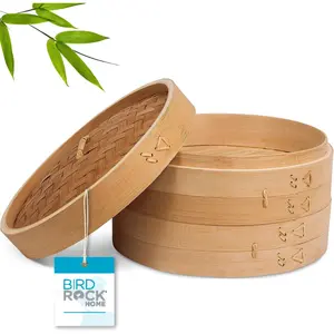 10-Inch Bamboo Steamer - Classic 2 Tier Design for Steaming Veggies, Dumplings, Dim Sum, Chicken, Fish, & Asian Food
