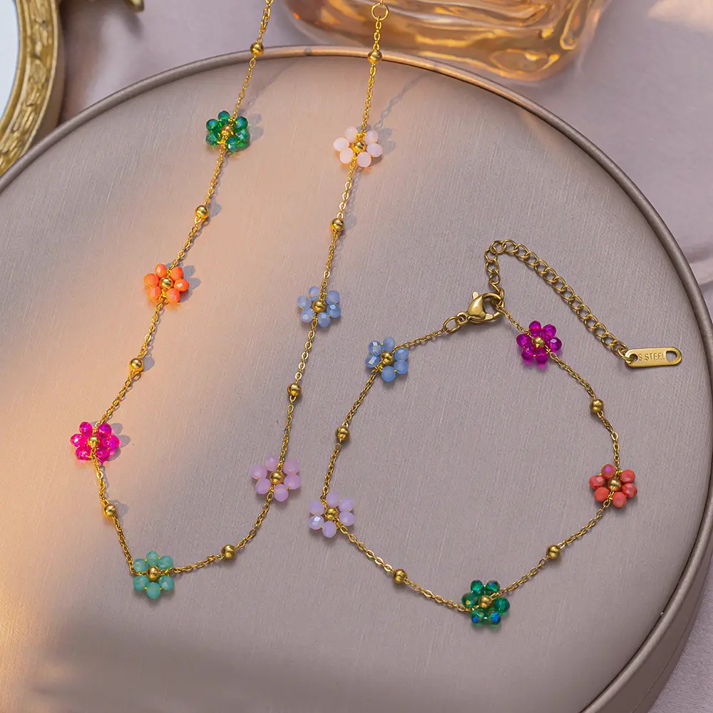 Boho Style Flower Decor Necklace, Clavicle Chain Necklace,Women's Colorful Flower Jewelry Set Dainty Gold Plated Necklace and Bracelet With Beaded Charms For Daily Casual Wear,summervibes,back to school,back to school haul