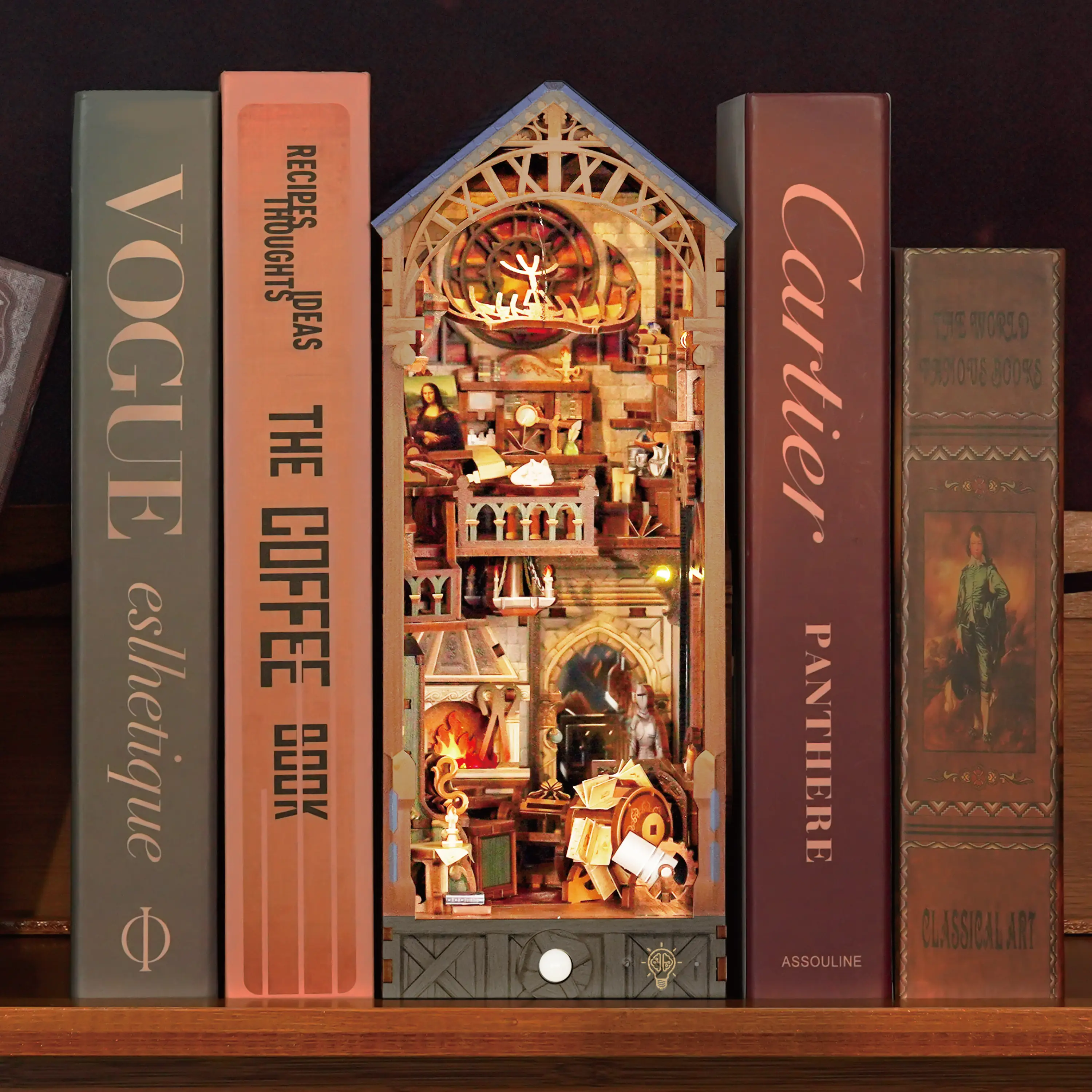Tonecheer 3D Wooden Book Nook DIY Kit for Adults - Leonardo da Vinci Themed Bookend, Bedroom Decor Bookshelf Insert with Dust Cover, LED Lights, Lighted Display, Woodwork Hobby Gift