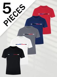 Outdoorfun 5-Piece Men's Casual Short-Sleeved Crewneck T-Shirt Set Breathable Lightweight Fabric for Summer Sports & Leisure Wear Comfortable Stretch Fabric Menswear Classic Streetwear Black+White+Grey+Red+Navy Plain compression shirts thermal long sleeve