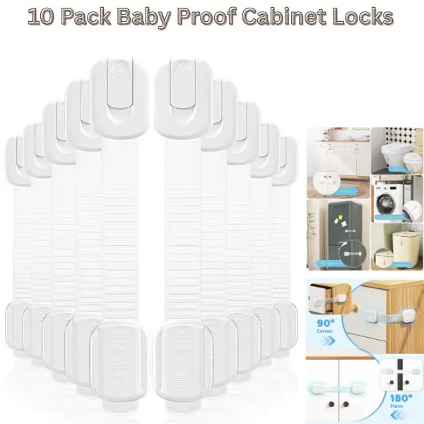 Parents' Modern Baby Safety Cabinet Locks, 10-Pack BPA-Free Phthalate-Free ABS Plastic Latches, No-Drill Adjustable No-Buckle Straps, 3M Adhesive Solution, Dimensions (L×W×H): 3.5×1.2×0.8 for Drawers & Fridge