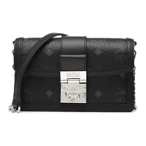 Women's MCM Tracy Monogram Coated Canvas Chain Hobo Shoulder Bag, Black Handbag Shoulder Purse, Crossbody Bag