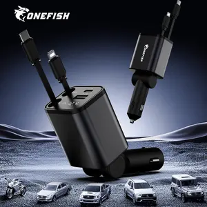 One Fish 4-in-1 Retractable Car Charger,  For iPhone, iPad,  Samsung, Google, 180° Rotatable Design,30W Fast charging Cablewith USB A, Type C.