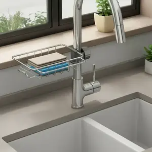 Sink Over Faucet Storage Rack, Stainless Steel Sink Caddy Shelf, Faucet Storage Drain Rack for Storing Sponges, Scrubbers, Towels, Peelers, Kitchen, Dish Drying Organiser