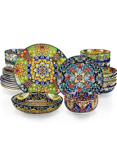 vancasso 24 Pieces Dinnerware Sets, Plates and Bowls Set, Porcelain Dishes Set for 6, Microwave and Dishwasher Safe, Scratch Resistant, Bohemian Style Dining Ware
