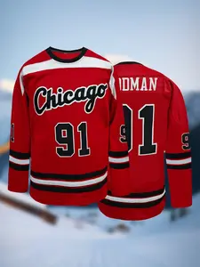 Men's Letter & Number Embroidery Hockey Jersey, Chicago 91 Ice Hockey Jersey, Embroidered V-Neck Loose Fit Sportswear, Jersey Shirt, Athletic Workout Clothing, Perfect for Training & Competition Wear, Unisex , All Seasons