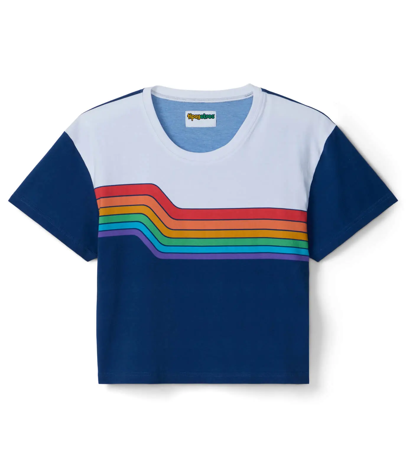 Women's Casual Rainbow Crop Top, Retro-Inspired Stretchy Short Sleeve Round Neck Tee for Parties and Dancing, Shortsleeve, Cropped, Tshirt, Fabric, Golden