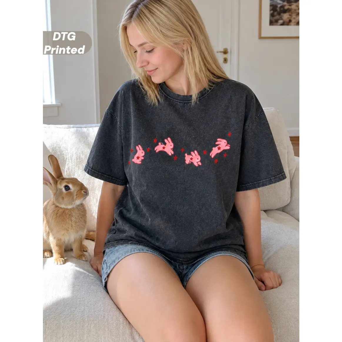 MUSEBEAU DTG Printed Oversize Acid Wash Vintage "Pink Star Bunnies" Graphic T-Shirt,Short-Sleeve Womenswear Top Artistic Retro Rabbit Casual Graphic Tee,Heavyweight Cotton Streetwear Graphic Vintage Tees Unisex Crewneck Tshirt,Soft Breathable 2026 New
