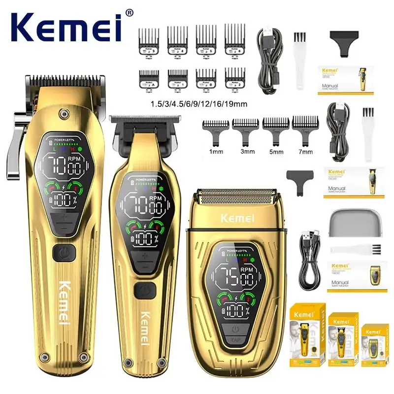 Kemei Cordless Electric Hair Clippers, Professional Cordless Trimmers, Rechargeable Shaver, Km-1697/1698/t360 Set, Barber Grooming Kit