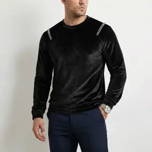 INCERUN Men's Fashion Longsleeve Velvet Round Neck Pullover Hoodie - Opium Core, Metallic Chain Detail, Street Style Tops for Rave