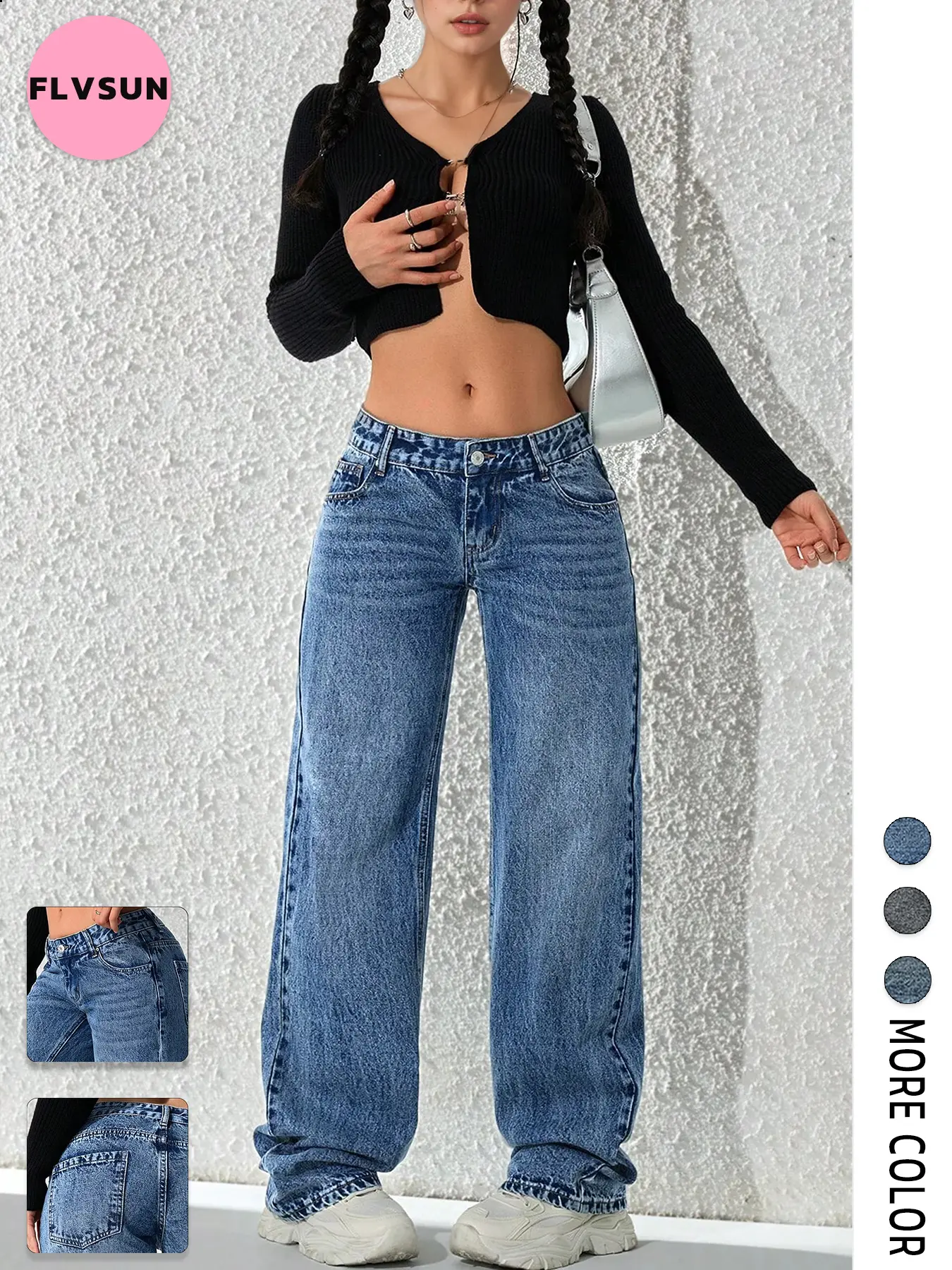 Flvsun 2025 Women's Low Rise Cotton Blend Baggy Wide-Leg Jeans - 2000s Washed Vintage Cold Wash Pants with Multiple Pockets, Retro Streetwear Clothing, Going Out Bottoms,summerwins,back to school shopping