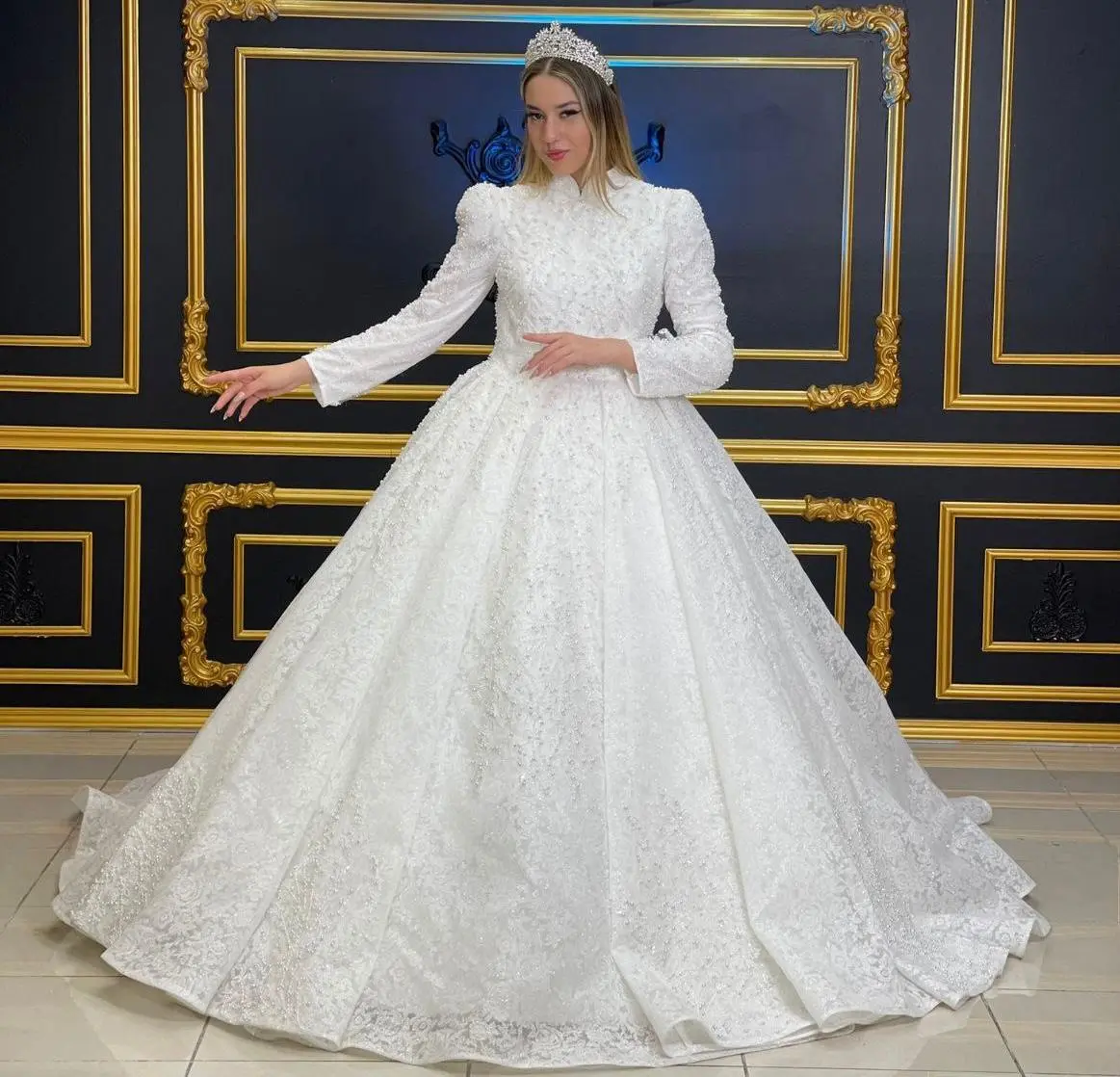Regal High-Neck Long Sleeve Bridal Gown