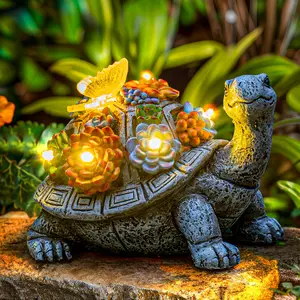 ISUNMEA Solar Garden Outdoor Statues with Succulent and 7 LED Lights - Lawn Decor Tortoise Statue for Patio, Balcony, Yard Ornament - Unique Housewarming Gifts (Gray Turtle)