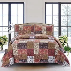 Red Riches 3- Quilt Set -  Size with 2 Shams, Autumn Patchwork Design, Red Toned Lightweight Quilted Bedspread, Fall-Inspired Country Bedding